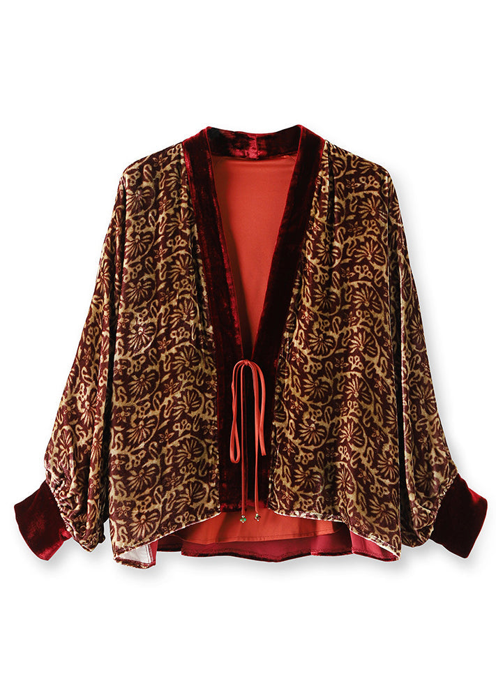 Wine Red Print Lace Up Patchwork Silk Velour Top Long Sleeve