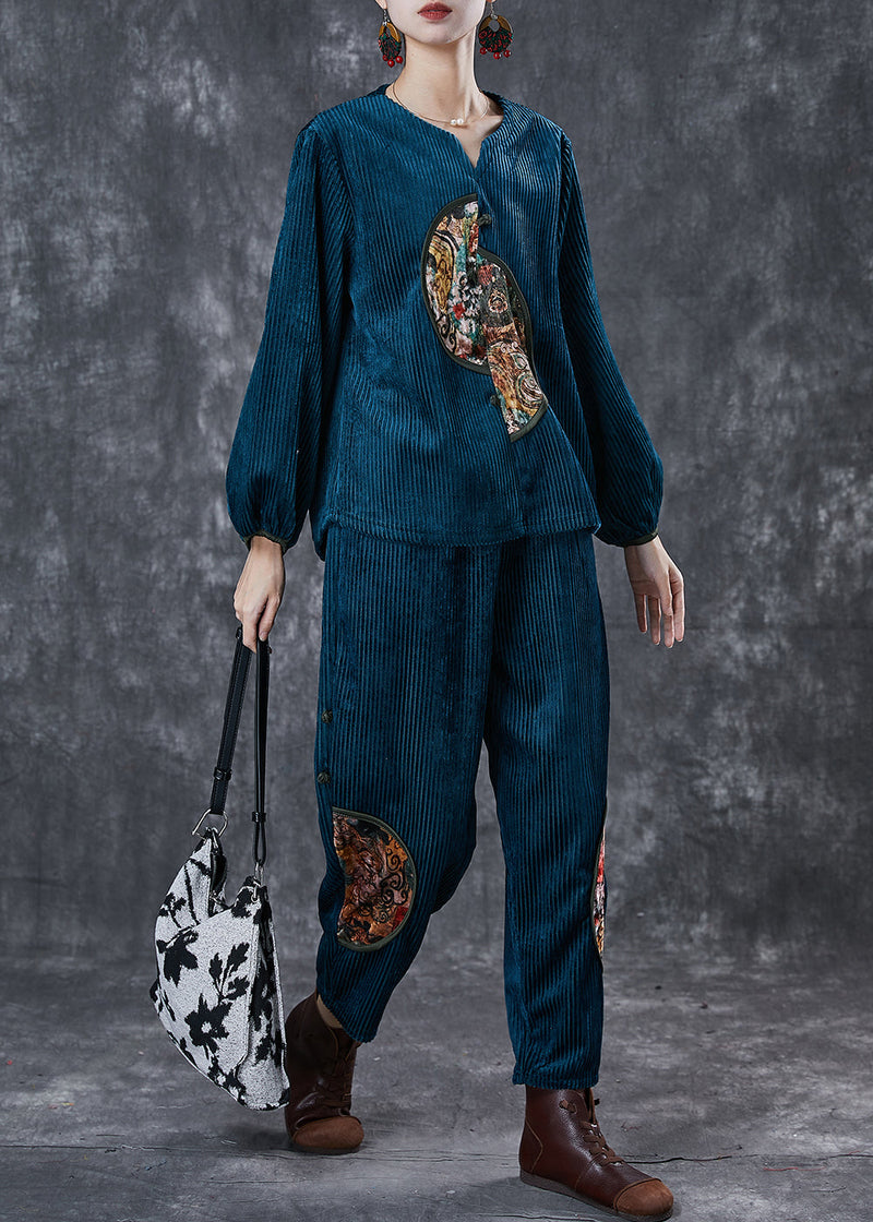Peacock Blue Patchwork Corduroy Two-piece Set Chinese Button Spring