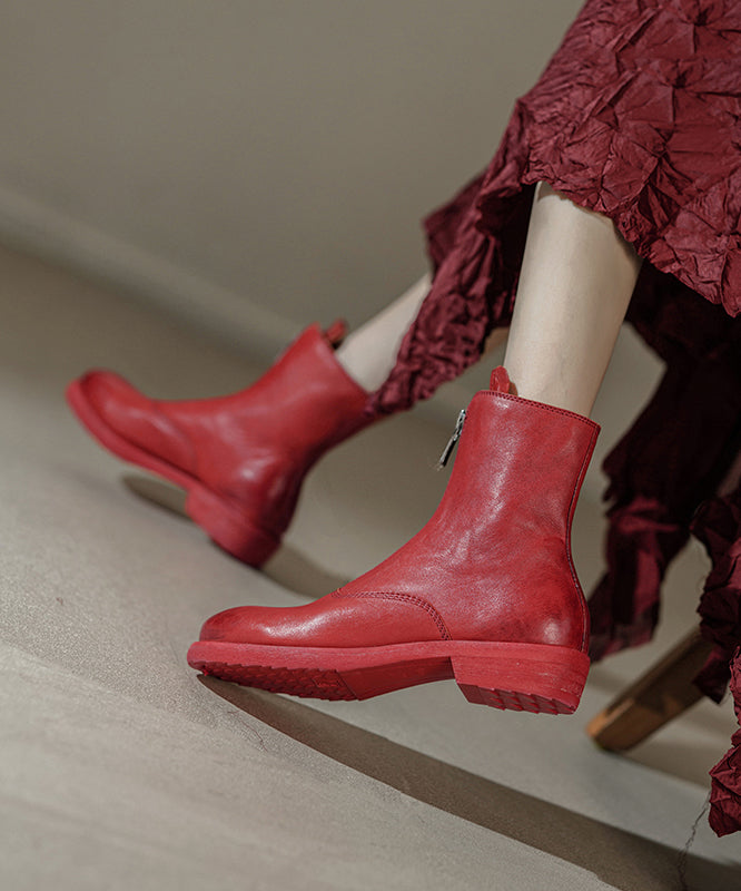 Red Boots Cowhide Leather Handmade Splicing Zippered