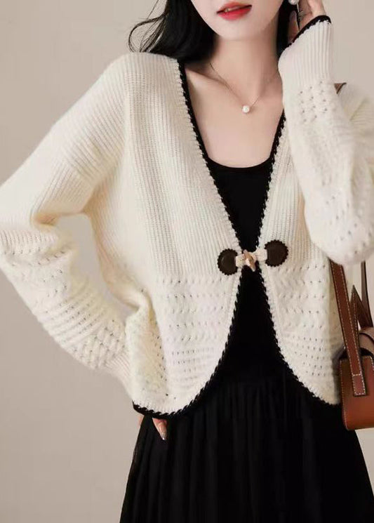 Beige V Neck Woolen Knit Cardigan Fall