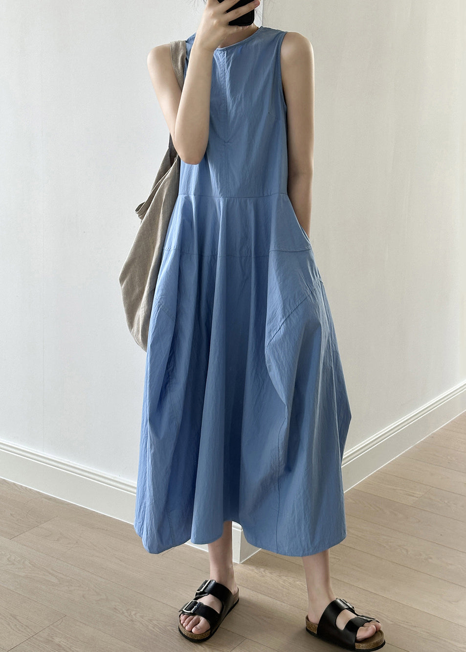 New Blue O-neck Pockets Cotton Long Dresses Sleeveless Summer