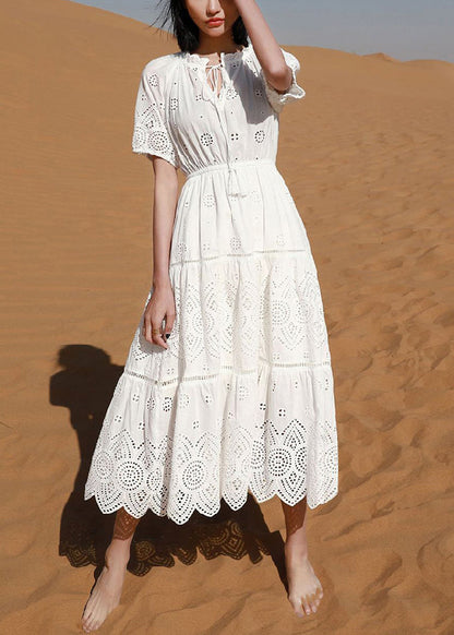 White Hollow Out Lace Up Cotton Long Dress Summer