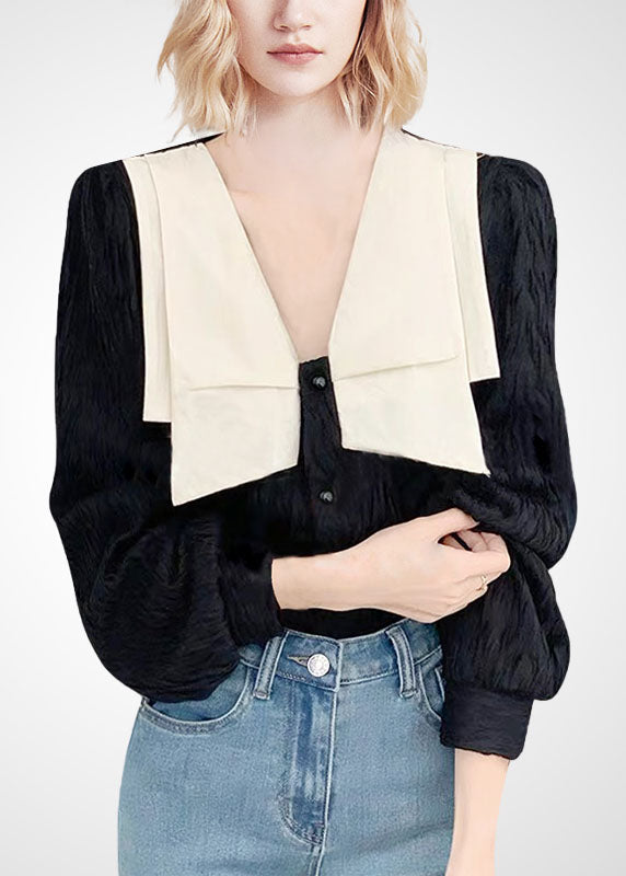 Black Peter Pan Collar Patchwork Original Design Blouses Spring