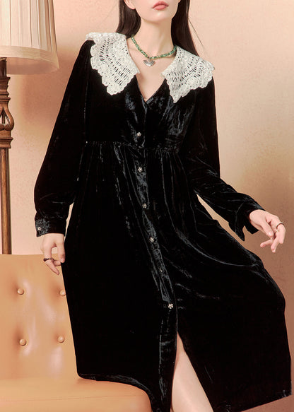 Italian Black Button Patchwork Silk Velour Shirts Dress Winter