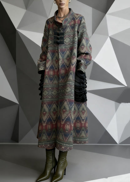 Print Pockets Patchwork Woolen Long Coat Spring