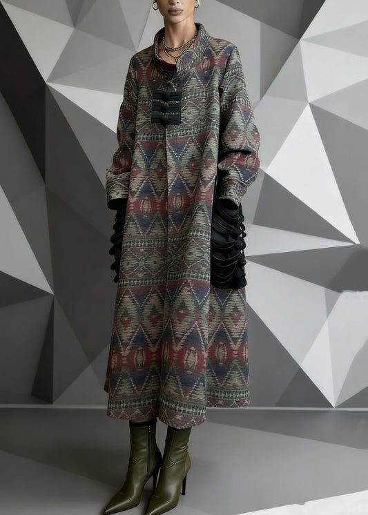 Print Pockets Patchwork Woolen Long Coat Spring