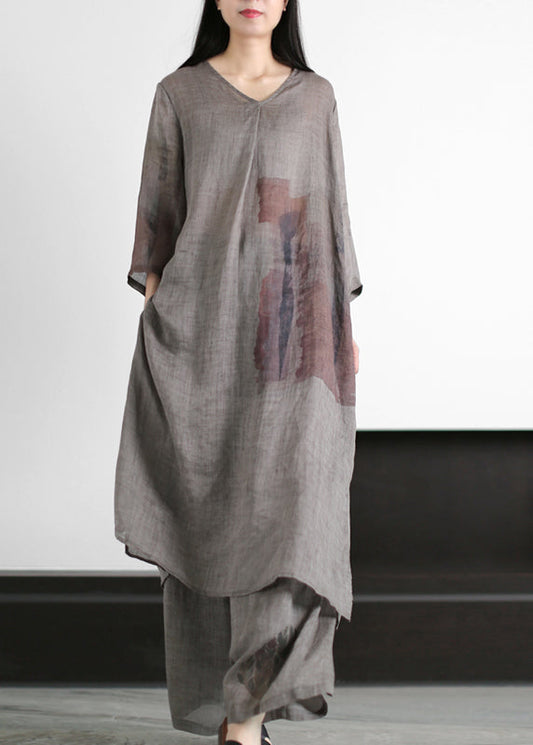 Grey V Neck Print Side Open Linen Dress and Wide Leg Pant Two Pieces Set Summer