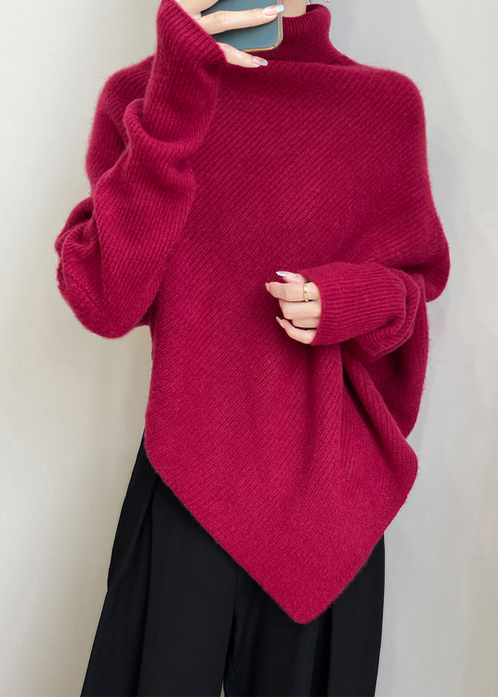 Red Asymmetrical Thick Woolen Sweaters Winter