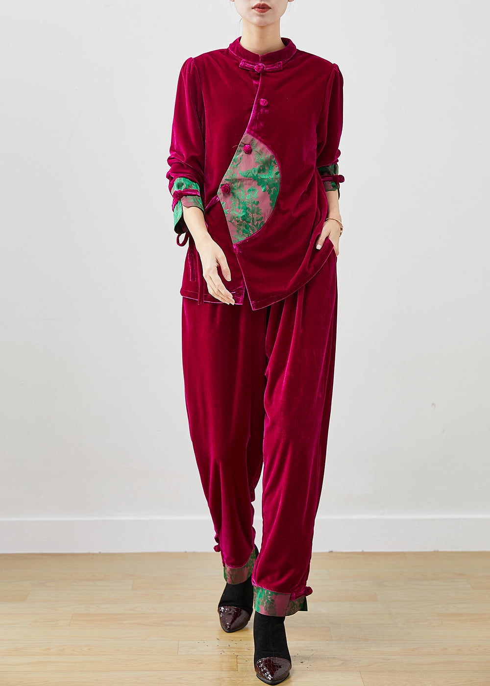 Rose Tie Waist Patchwork Silk Velour Two Pieces Set Spring