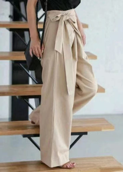 White Asymmetrical Side Tie Waist Linen Straight Pants Fall