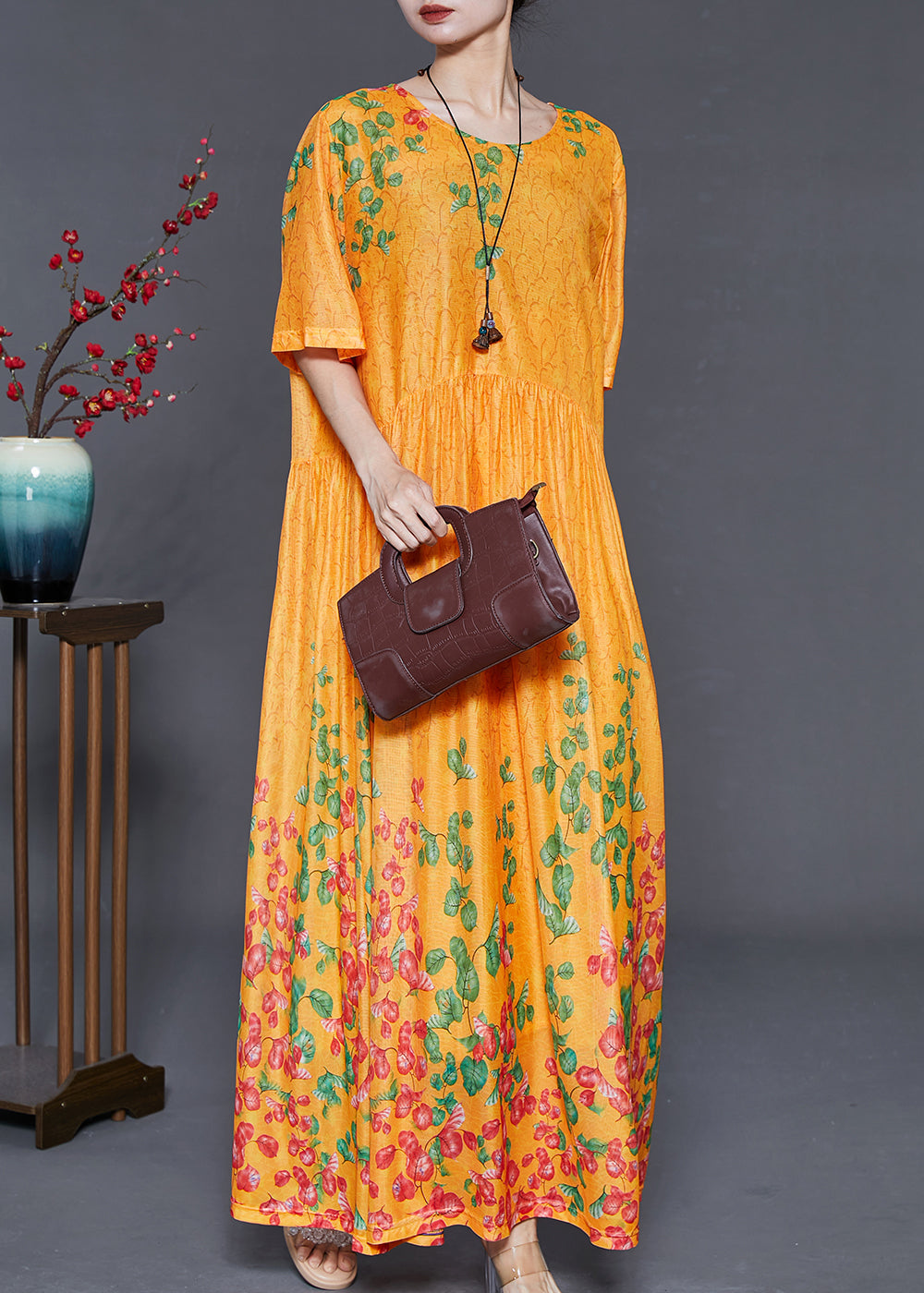 Diy Yellow Print Exra Large Hem Silk Long Dress Summer