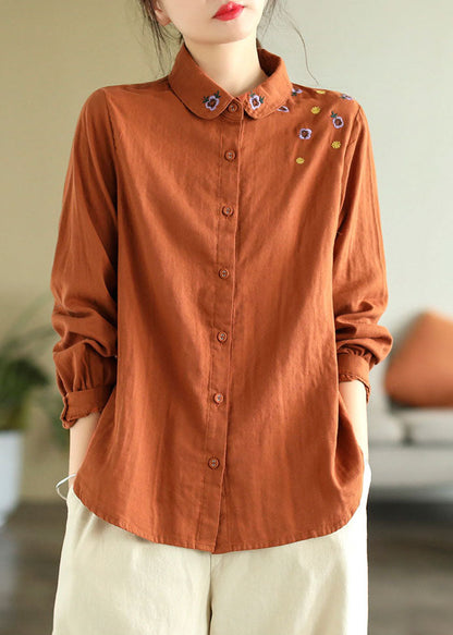 Diy Orange Turn-down Collar Embroideried Cotton Shirts Spring