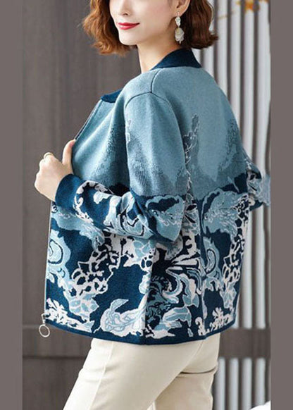 Modern Blue O-neck Zip Up Print Knit Jackets Long Sleeve