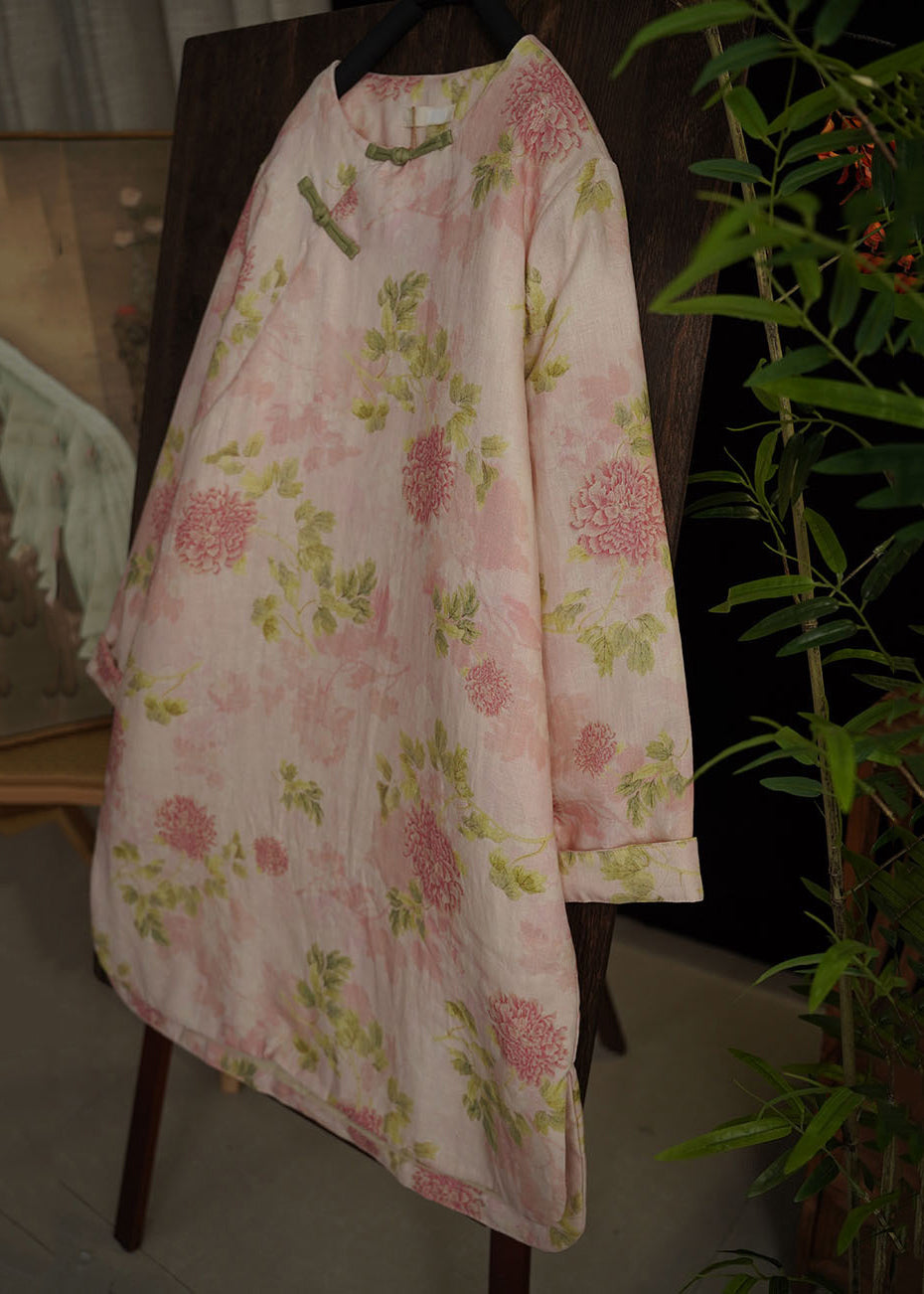 Pink Chinese Button Print Side Open Cotton Filled Dress Spring