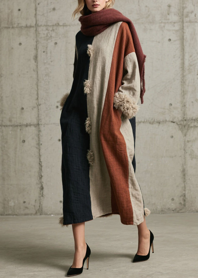 Colorblock Fuzzy Fur Fluffy Patchwork Cotton Dress Fall