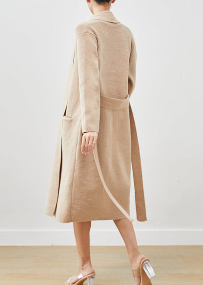 Khaki Warm Knit Sets 2 Pieces V Neck Tie Waist Winter