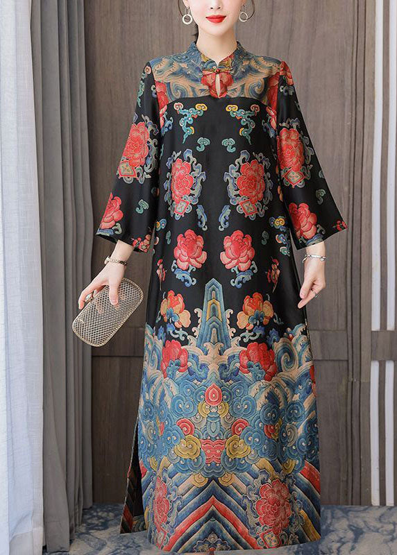 Black Mandarin Collar Print Silk Long Dresses Bracelet Sleeve