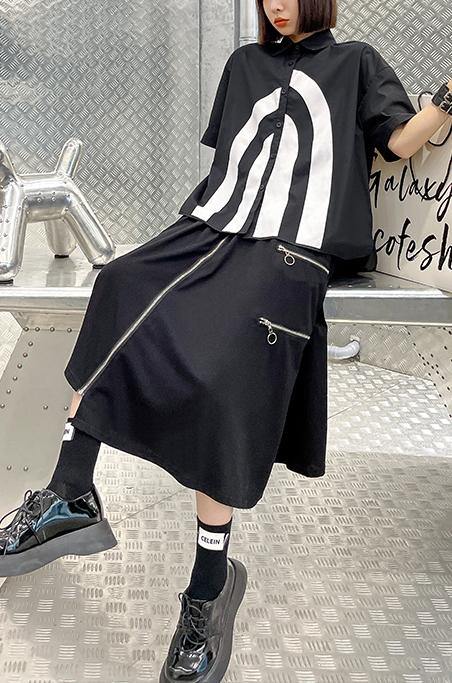 French Black Graphic Buttonlow High Design Shirt Top