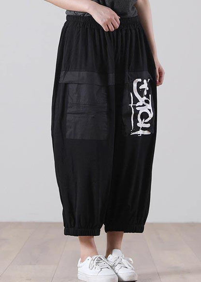 Simple Black Graphic Pockets Pants Summer Cotton