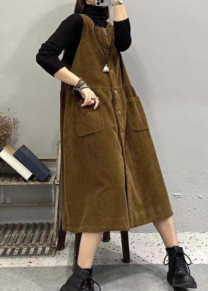 Khaki O Neck Button Pockets Corduroy Long Dresses Sleeveless
