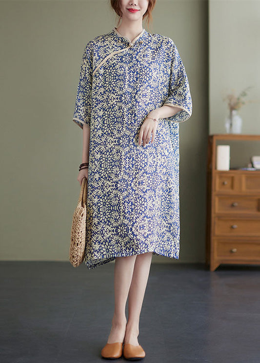 Oriental Stand Collar Pockets Print Cotton Cheongsam Dresses Half Sleeve