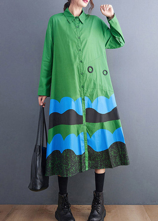 Green Peter Pan Collar Button Print Shirt Dress Spring