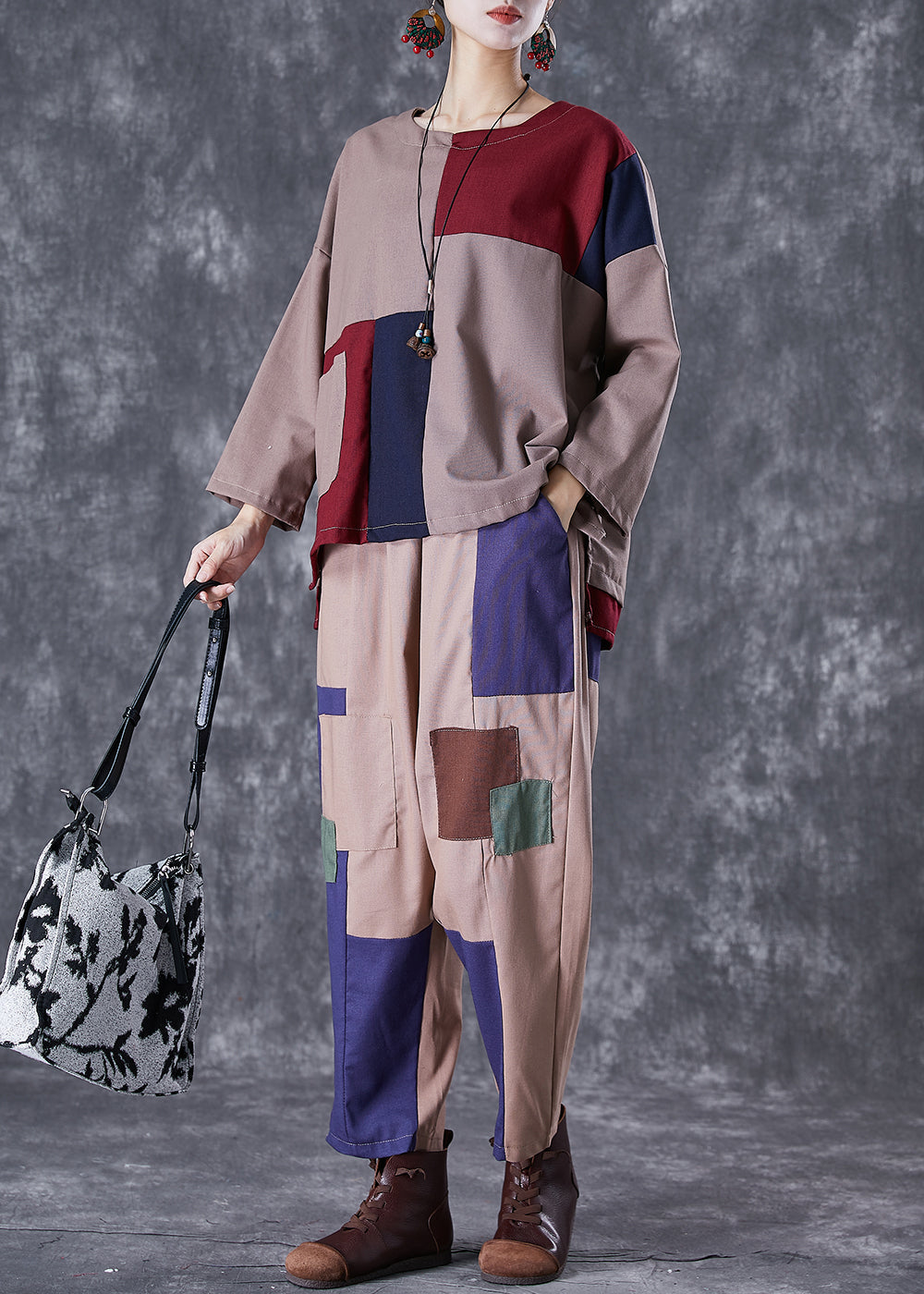 Coffee Patchwork Applique Cotton Two-piece Set Oversized Fall