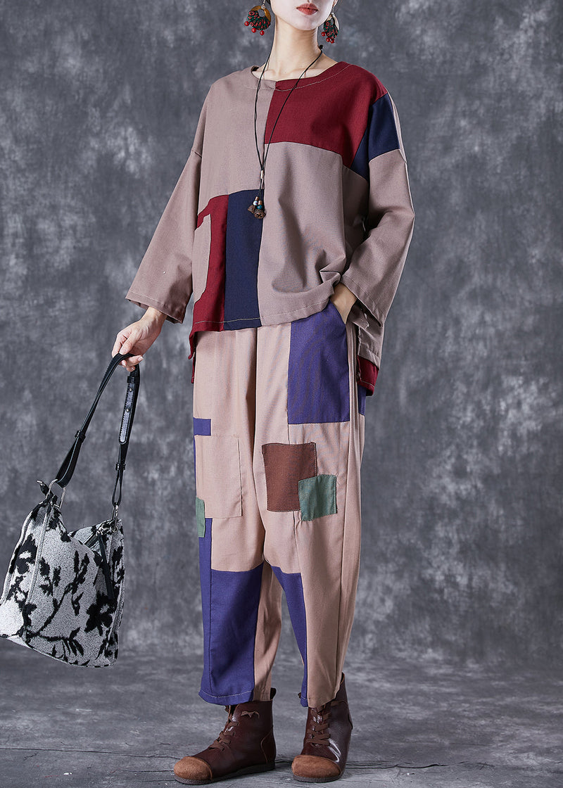 Coffee Patchwork Applique Cotton Two-piece Set Oversized Fall