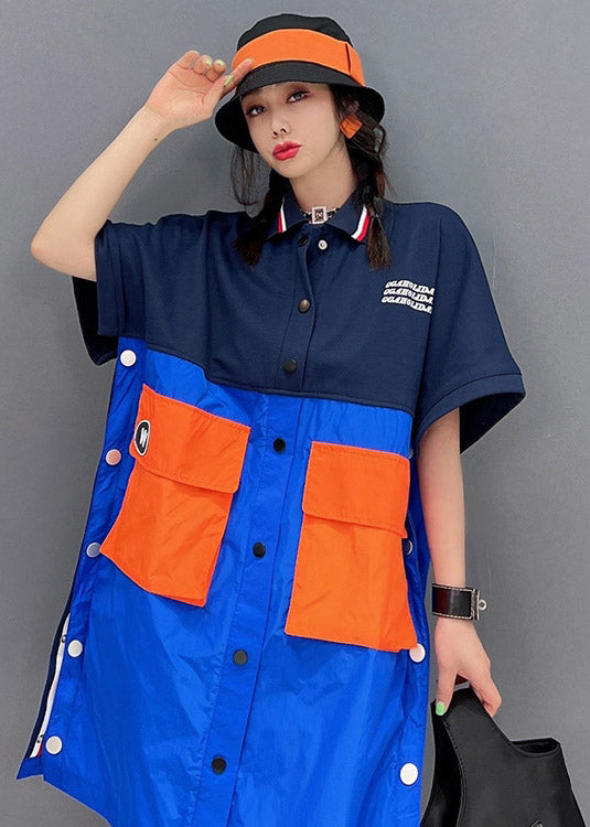 Peter Pan Collar Patchwork Button Pockets Side Open Shirt Short Sleeve