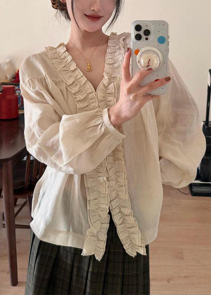 Handmade Beige Ruffled Patchwork Tops Lantern Sleeve