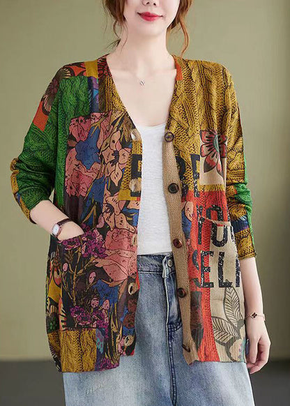 Print Patchwork Cotton Knit Coat V Neck Long Sleeve