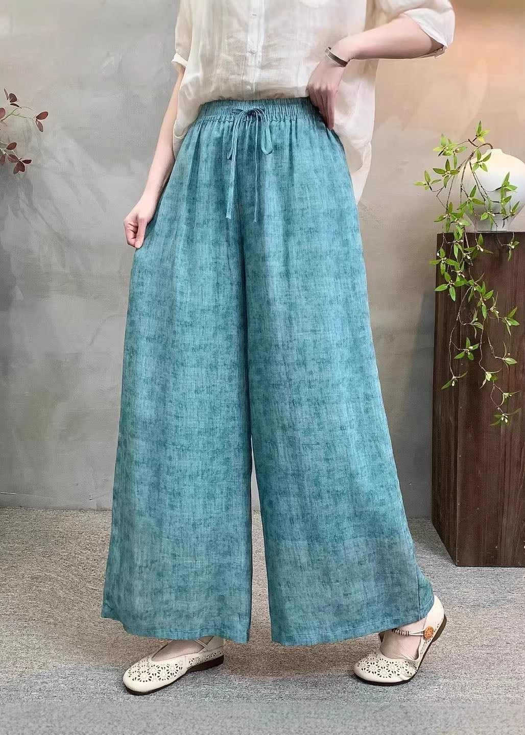 Navy Pockets Tie Dye Elastic Waist Linen Pants Summer