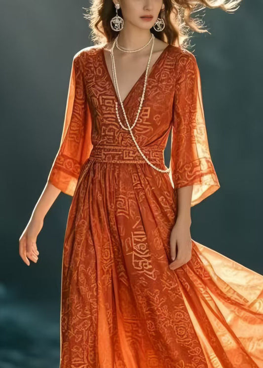 Italian Orange Print Chiffon Holiday Dresses Bracelet Sleeve Summer