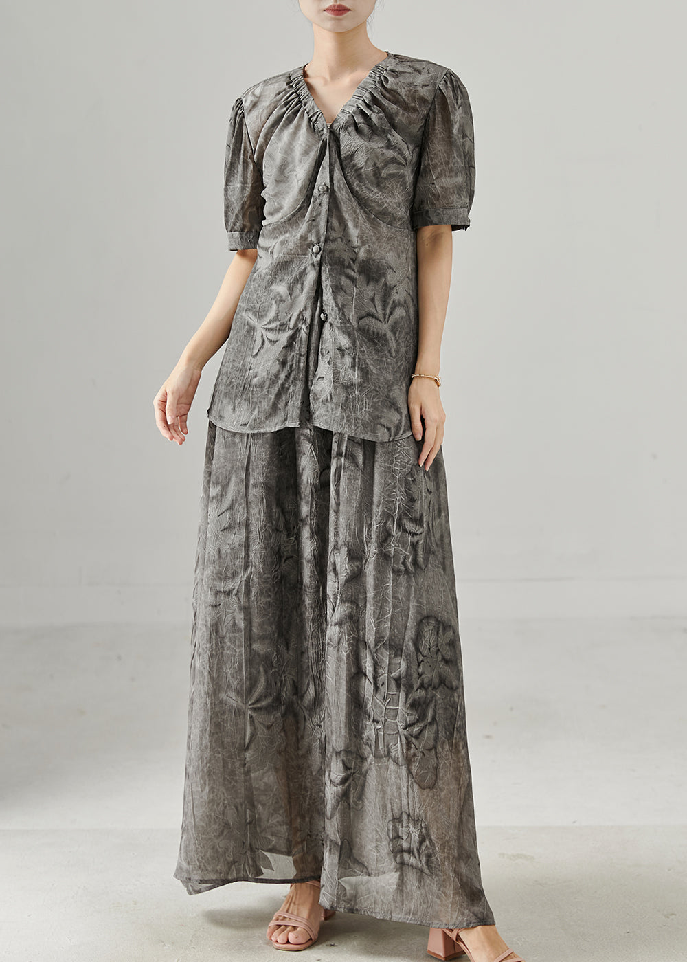 Grey Print Wrinkled Chiffon Two Pieces Set Summer