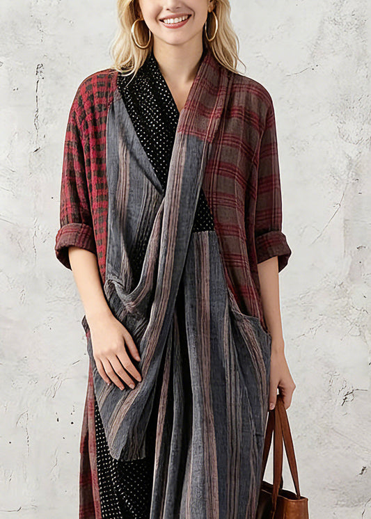 New Red Plaid Oversize V Neck Patchwork Linen Clothing Dress Pockets Asymmetrical Design Caftans Spring