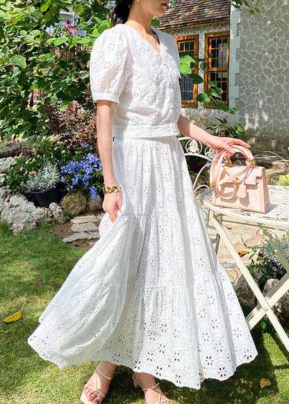 White V Neck Hollow Out Cotton Tops and Skirts Two Pieces Set Summer