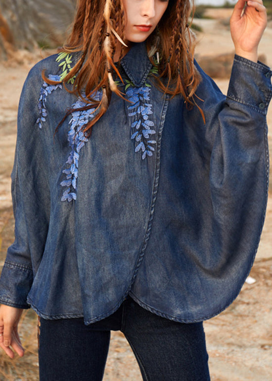 Novelty Denim Blue Asymmetrical Design Peter Pan Collar Embroideried Cotton Top Long Sleeve