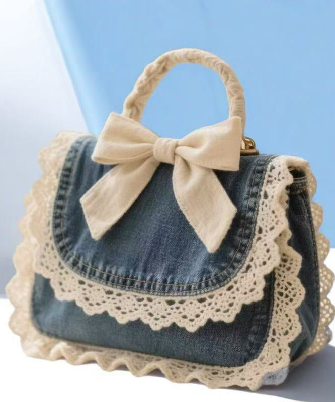 Denim Blue Patchwork Lace Bow Tote Handbag