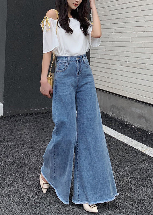 Denim Blue High Waist Color Pockets Cotton Wide Leg Pants Fall