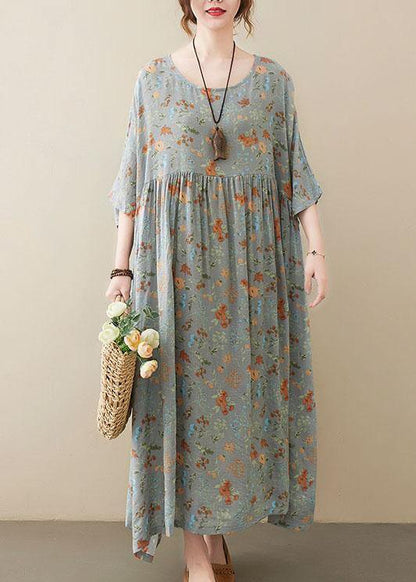 Grey O-neck Patchwork Print Half Sleeve Summer Long Dress
