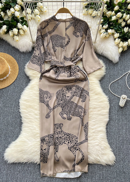 French Photo Color Print Lace Up Silk Dress Half Sleeve Summer