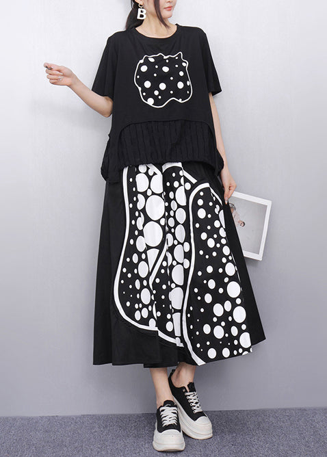 Black Print Patchwork Cotton Two Pieces Set Summer