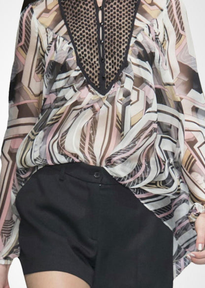 Print Draping Chiffon Shirt Top Lantern Sleeve