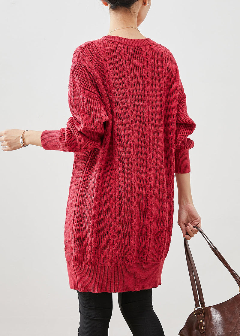 Red O-neck Warm Cable Knit Dress Winter