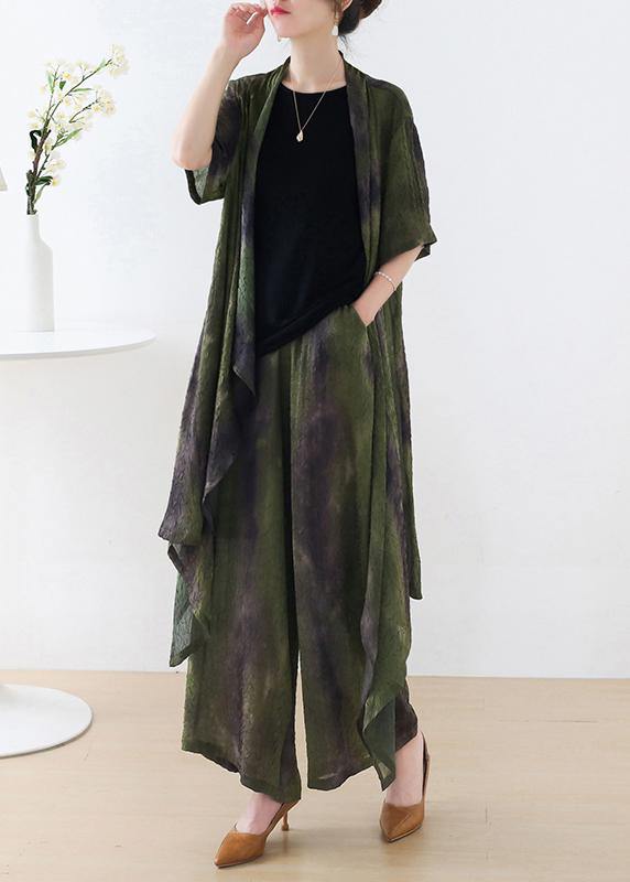 Green Silk Blended Tie Dye Asymmetrical Wide Leg Design Two Piece Set