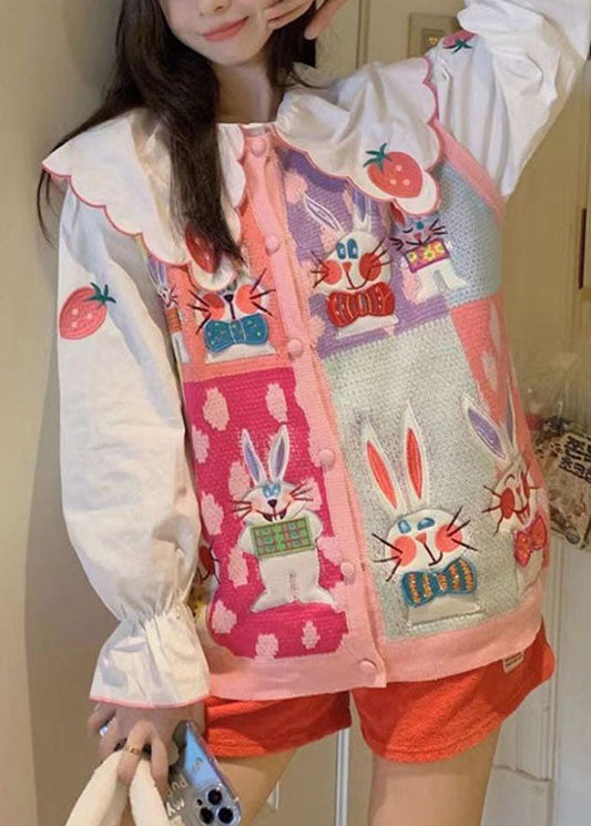 Animal Print Button Pink Cotton Knit Waistcoat and White Shirts Two Pieces Set Long Sleeve