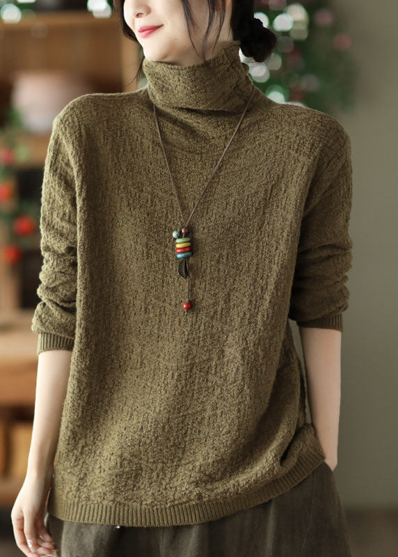 Army Green Turtle Neck Jacquard Knit Sweater Tops Winter