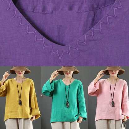 V Neck Embroidery Spring Tops Neckline Green Shirt