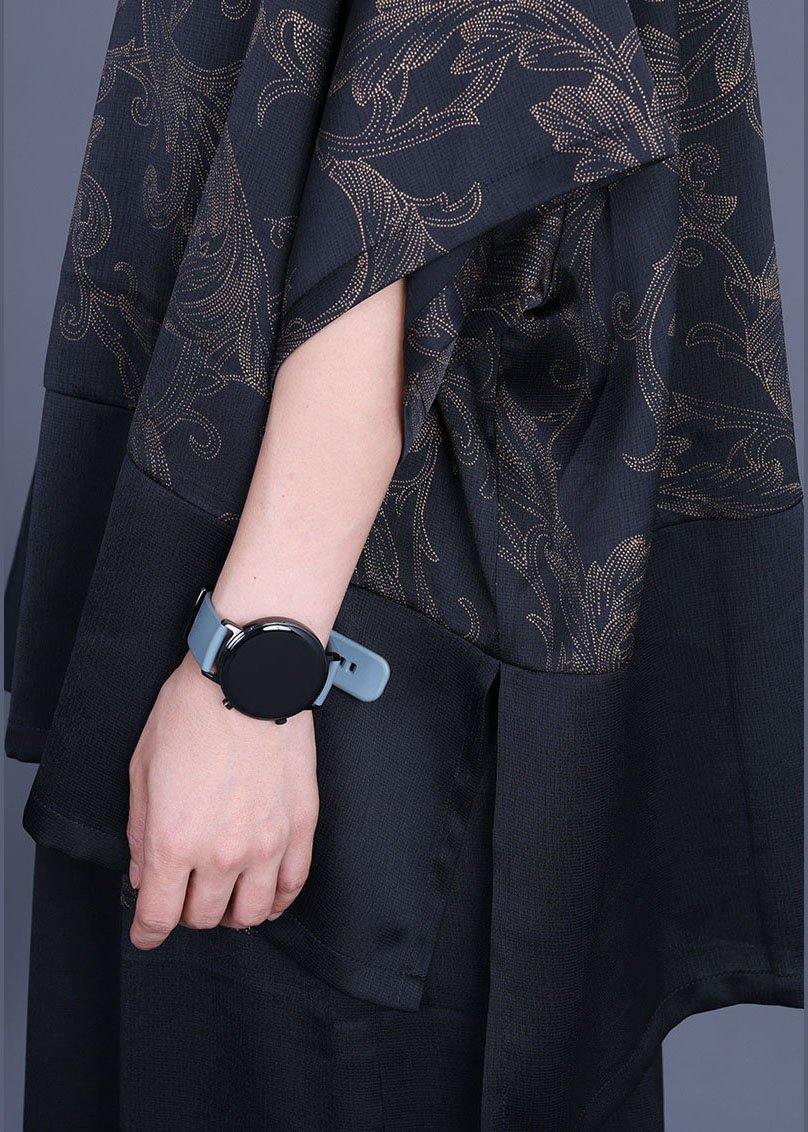 Navy Print Patchwork Long Smock Wide Leg Chiffon Two Pieces Set