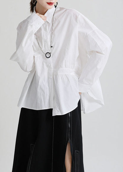 Modern White Peterpan Collar Button Patchwork Asymmetrical Design Fall Top Long Sleeve